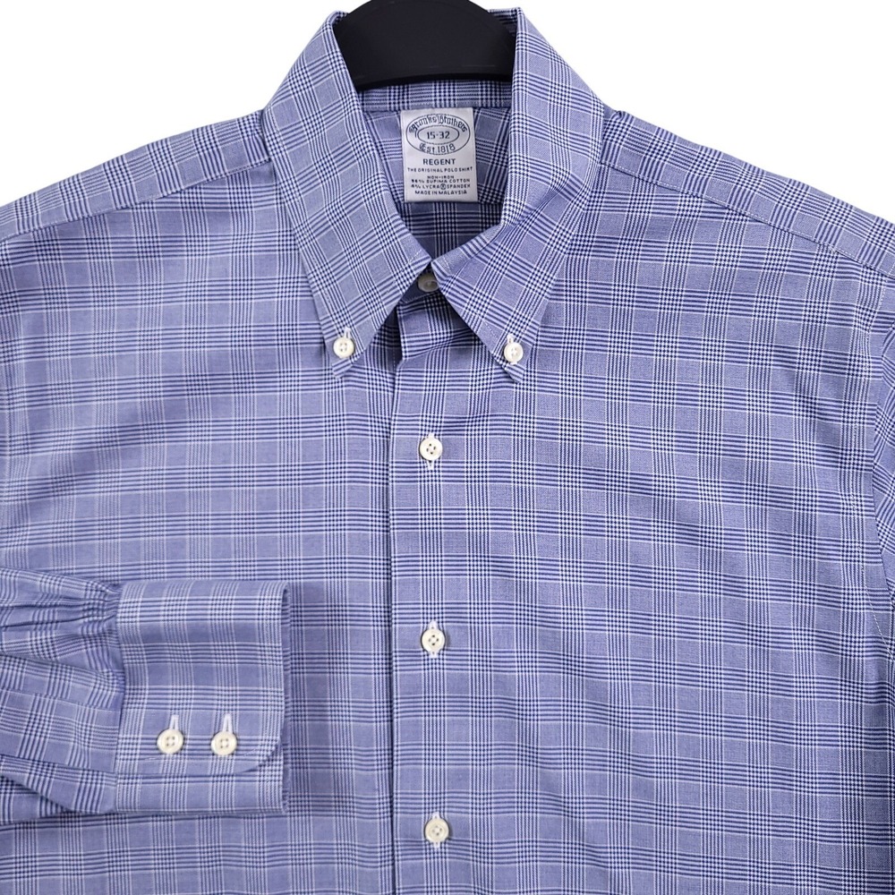 Brooks Brothers Dress Shirt 15 32 Blue Plaid Regent Non Iron Supima OCBD Stretch